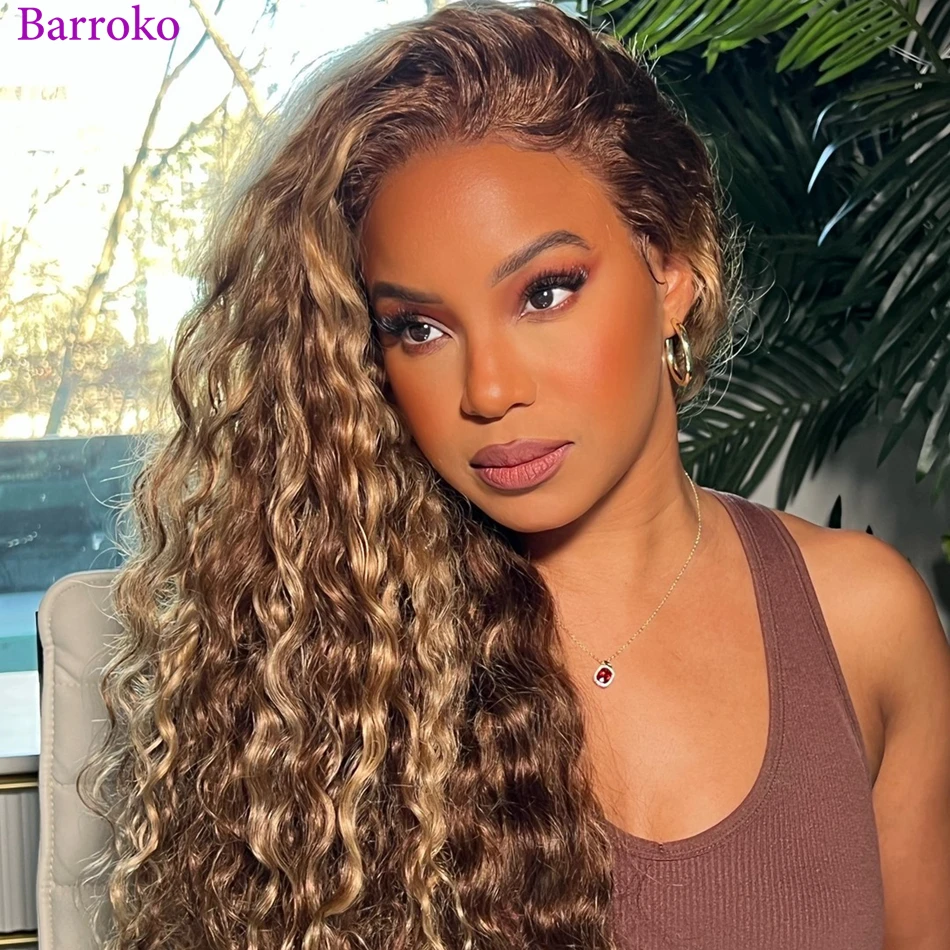 Barroko Honey Blonde Highlight Lace Wig Water Wave Transparent Lace Frontal Human Hair Wigs 30 Inch Pre Plucked Brazilian Hair