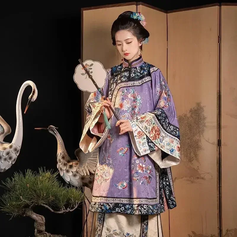 

2025 Vintage Heavy Industry Antique Clothes Cospaly Qipao Women Qing Dynasty Flower Printed Loose Long Sleeve Cheongsam Dress