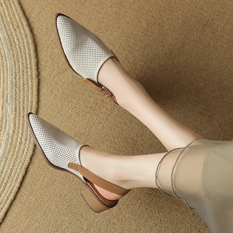Beige Perforated Leather Slingback Sandals | Pointed - Toe Chunky Heel French Retro Style