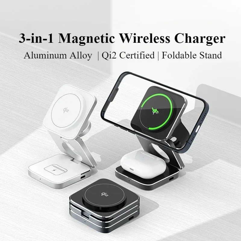 Qi2 Certified 15W 3-in-1 Magnetic Wireless Charger, Foldable Aluminum Alloy Stand for IPhone 16/15/14 Pro Max, AirPods, IWatch