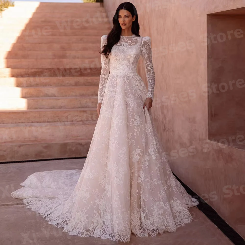 Anmutige A-Linie Damen Brautkleider mit Spitzenapplikationen Vestido De Novia Brautkleider Langarm O-Ausschnitt Maßgeschneiderte Robe De Mariée