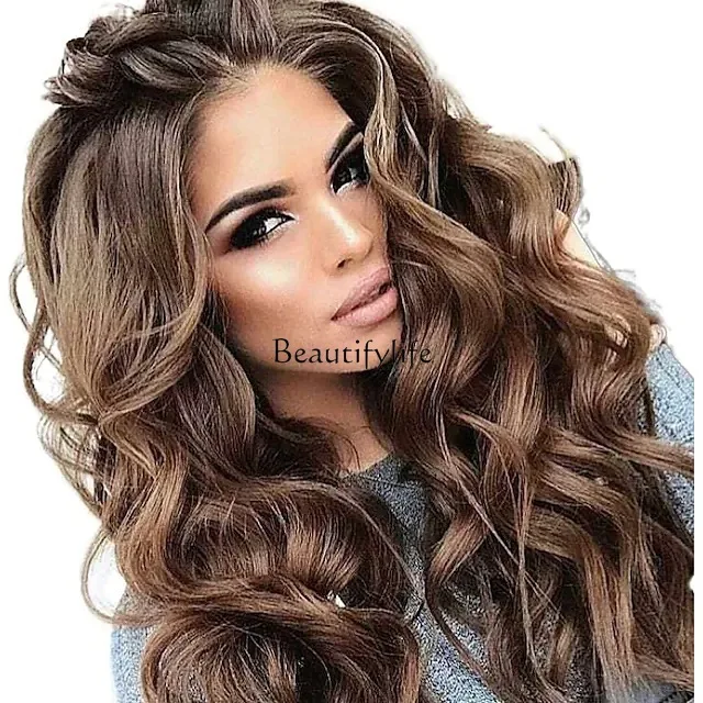 Long curly synthetic fluffy brown wig air bangs