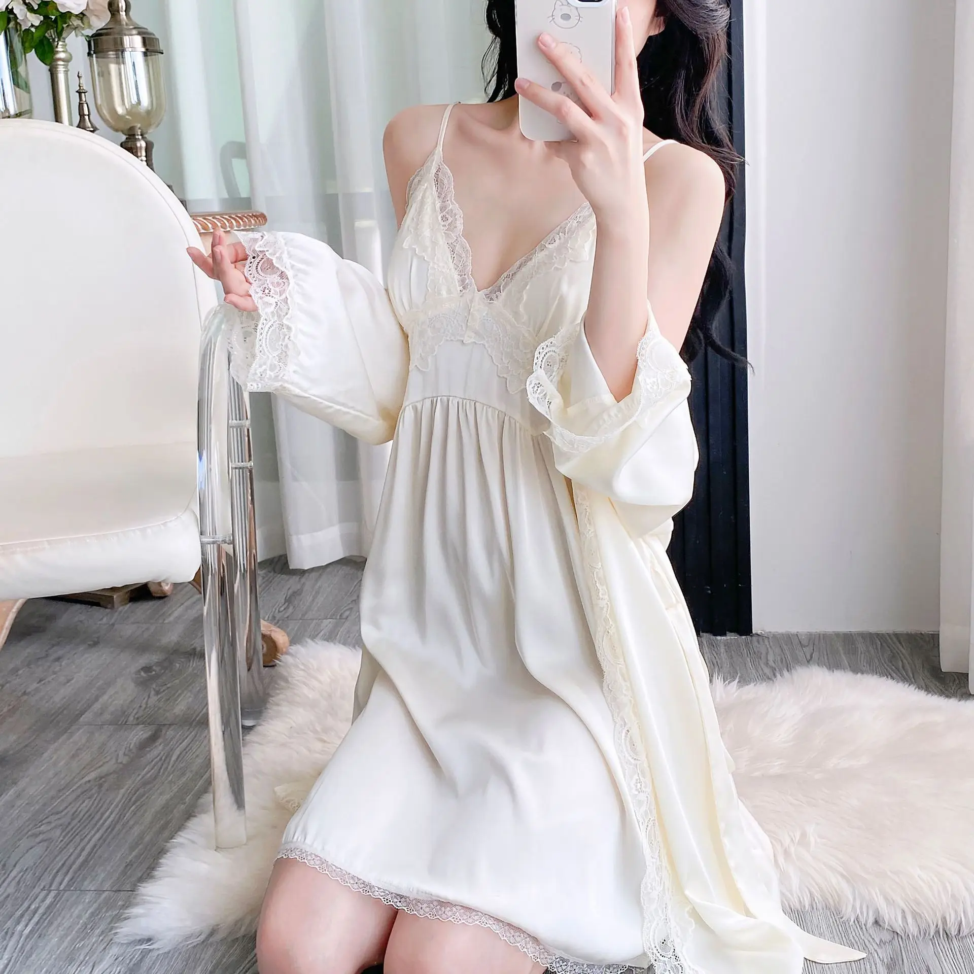 

Комплект из 2 предметов: кружевной халат и ночная сорочка, женский банный халат, пижамный костюм, весенний шелковый атласный кимоно, ночная рубашка, одежда для сна и отдыха