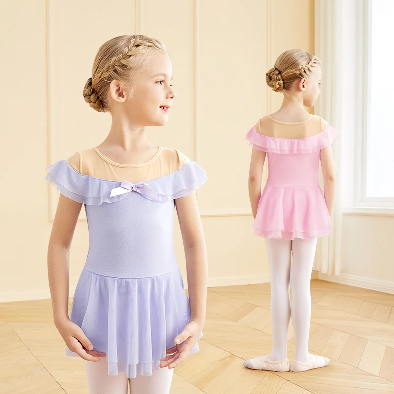 Girls Elegant Lace Gymnastics Ballet Leotards Kids One Shoulder Stitched Mesh Dress Summer Korean Japanese Sweet Skirts