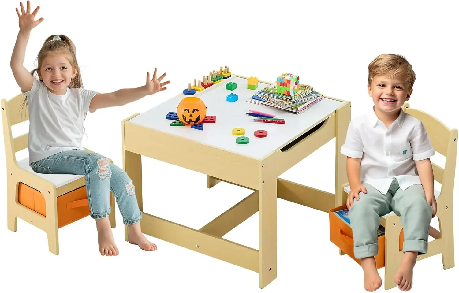 4 in 1 Wooden Toddler Table and Chair Set with Storage Drawer, Detachable Tabletop for Children Drawing/Reading/Art Craft, Home,