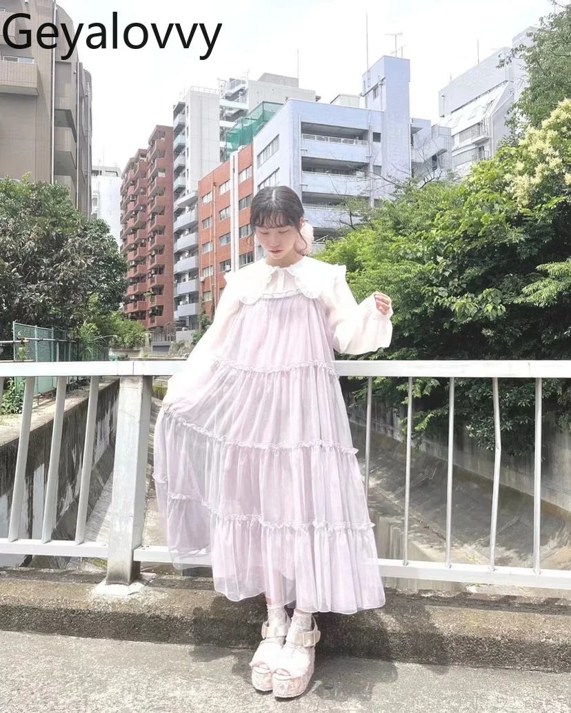 Estilo japonês em camadas primavera outono vestidos femininos 2025 nova moda casual elegante longo estilingue vestido para senhora verão