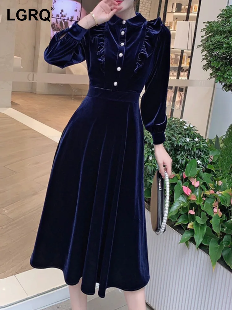 

LGRQ Women's Dress Fashion Lapel Ruffled Edge Design Long Sleeve Single Breasted High Waist Professional Dresses 2024 Autumn New