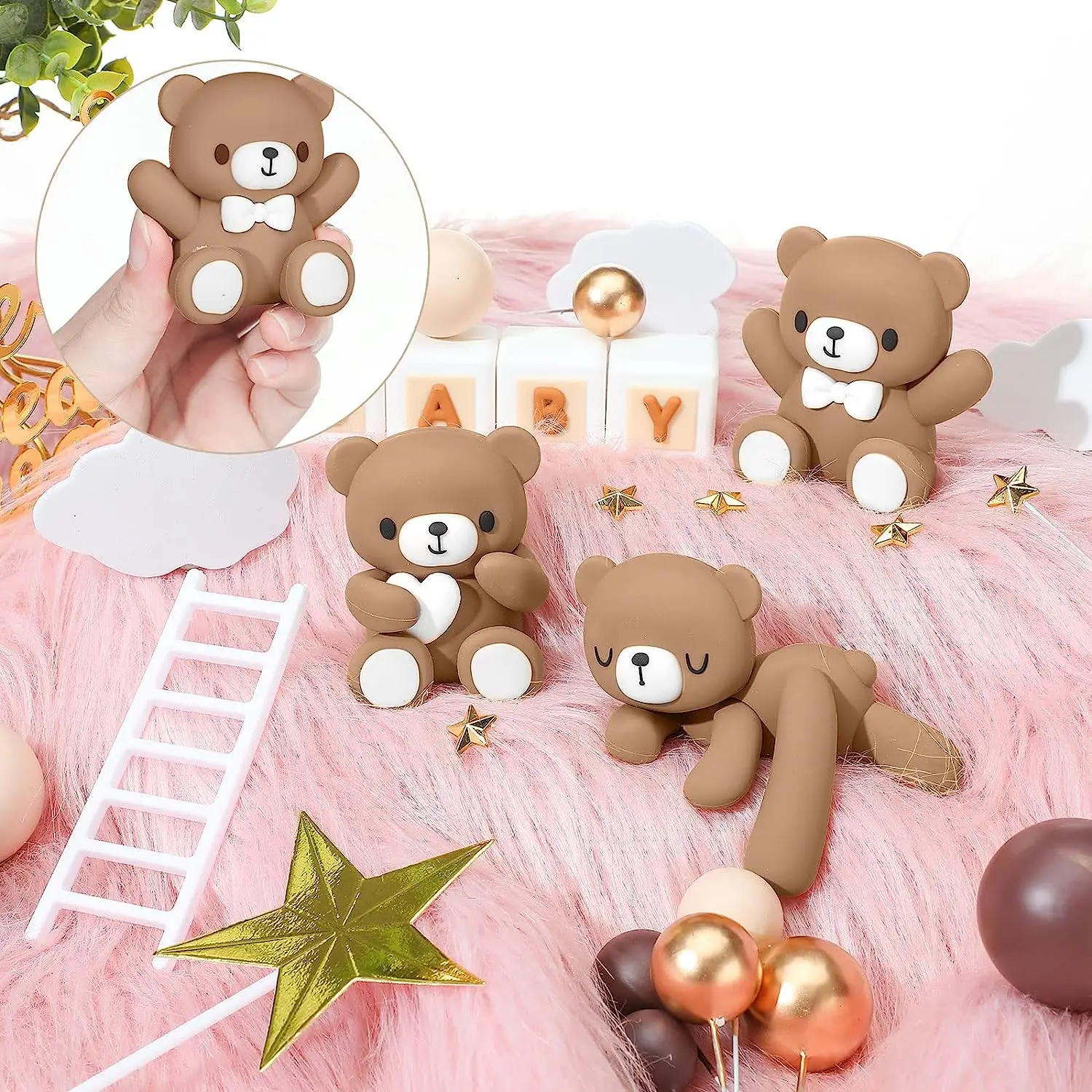 We can bearly wait Bear Cake Toppers Balls Boho Birthday Cake Decorations Cake Topper for Baby Shower Wedding Cupcake Toppers