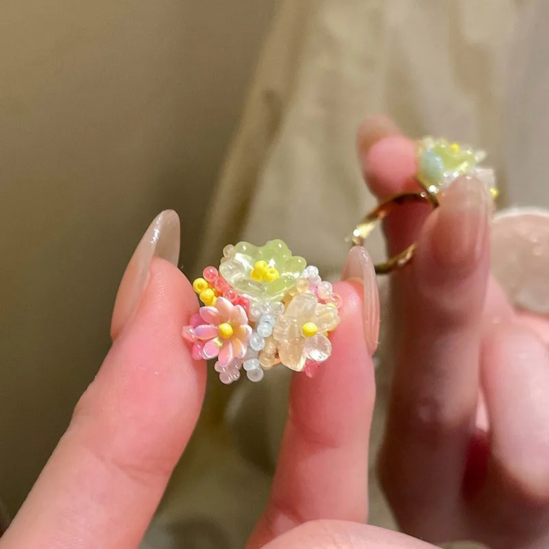 Colorful Seed Beads Hydrangea Lily of the Valley Flower Cluster Ring Spring Sweet Vacation Jewelry For Women