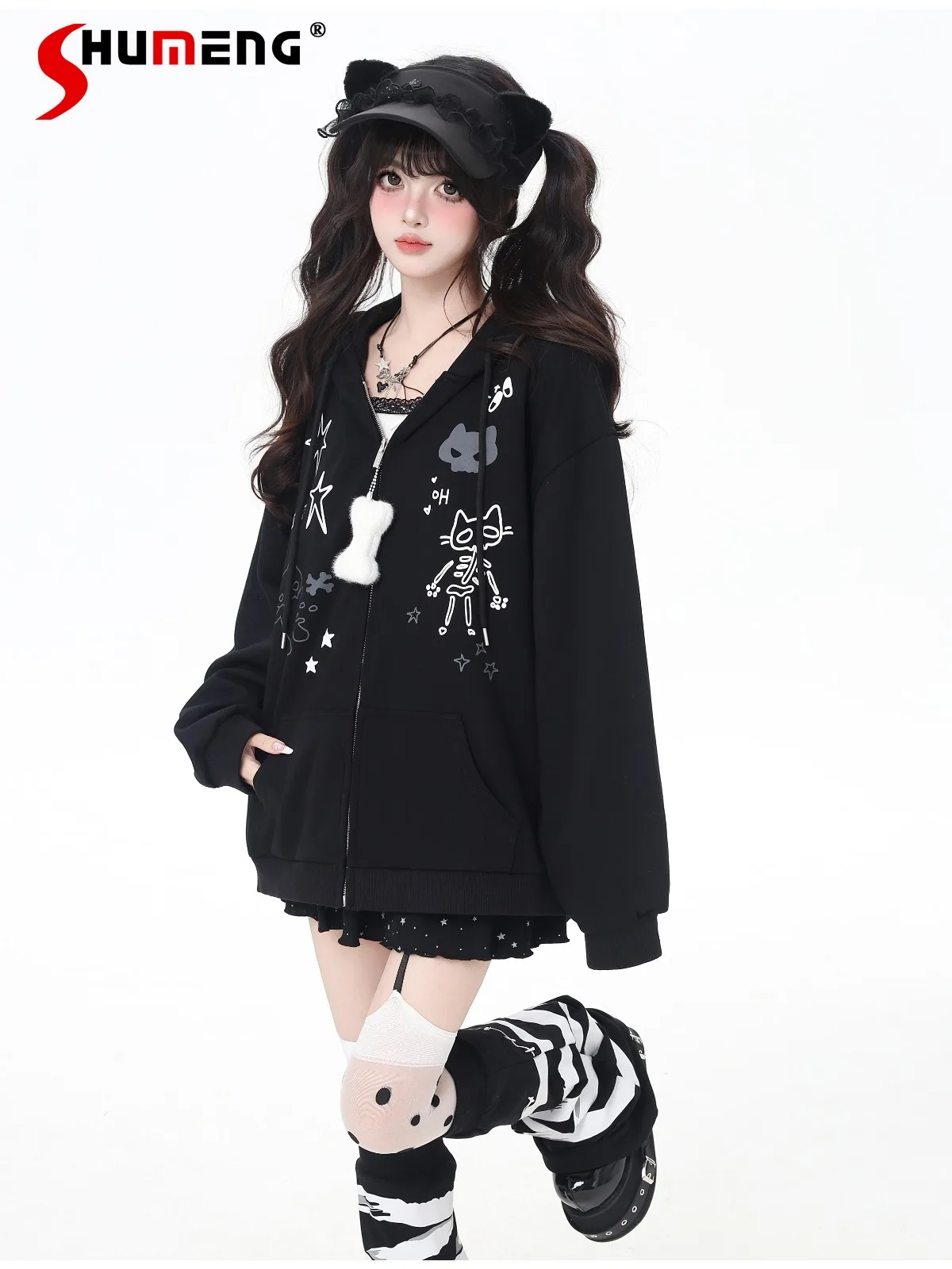 

Sweet Cool Subculture Girl Cute Cat Ear Zip-up Hoodies Loose Casual Versatile Long Sleeve Zipper Sweatshirts Jacket Women Autumn