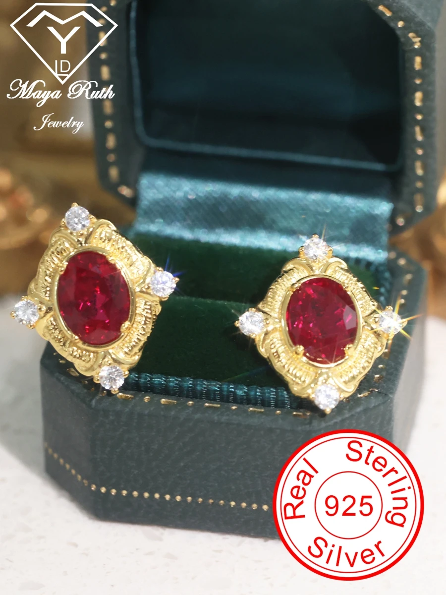 created ruby 925 sterling silver gold plating brincos designer para mulheres estilo vintage italia retro gemstone red halo jewelry lab 01