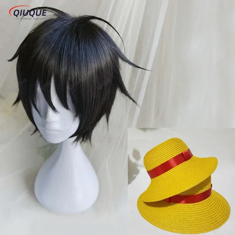 High quality anime One Piece Monkey D. Luffy short black cosplay wig heat resistant synthetic hair wigs wigs hat