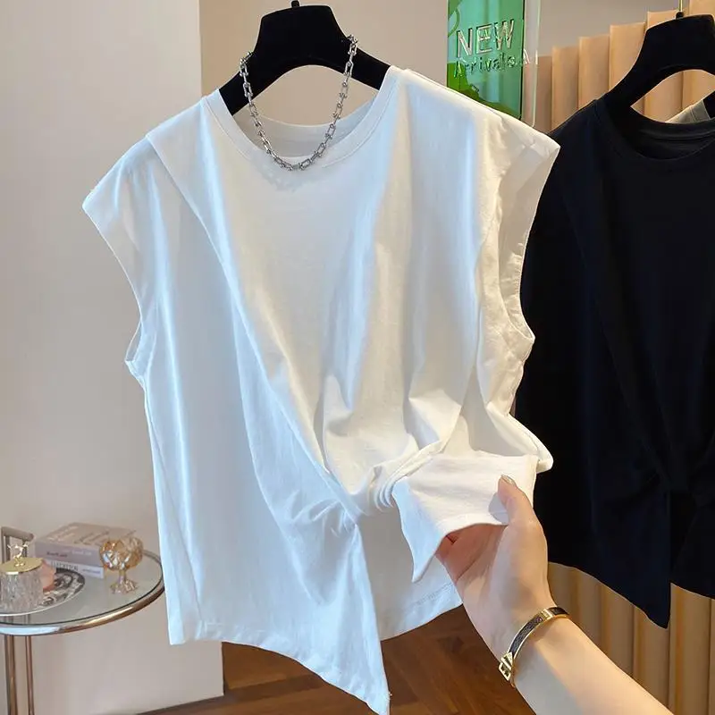 

2024 New Flying Shoulder Design Feeling Sleeveless T-shirt Women's Summer Loose Casual Twisted Irregular Top Summer