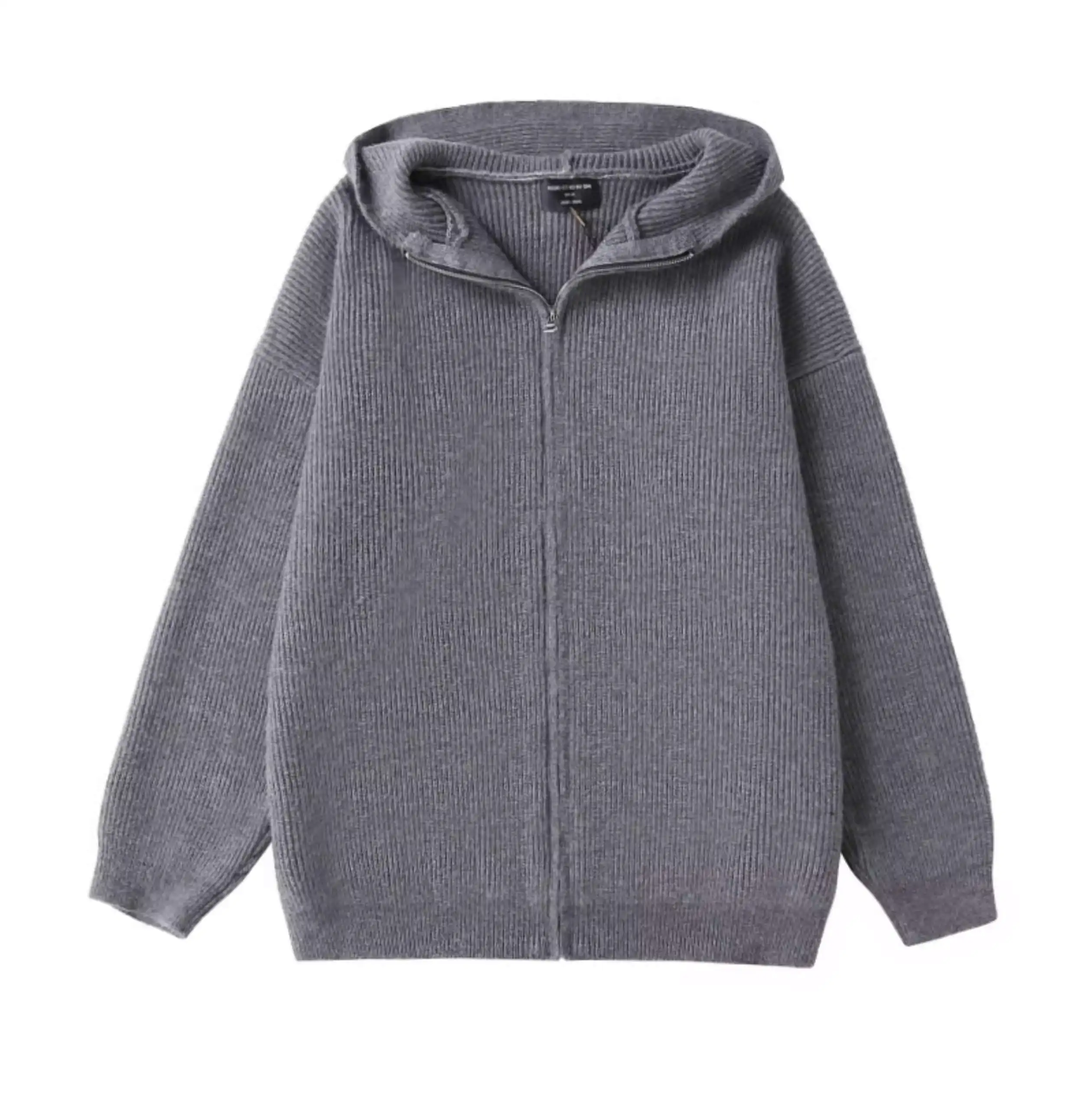 Retro Grey Zipper High Neck Hooded Cardigan Lazy Style Casual European and American Knitted Sweater