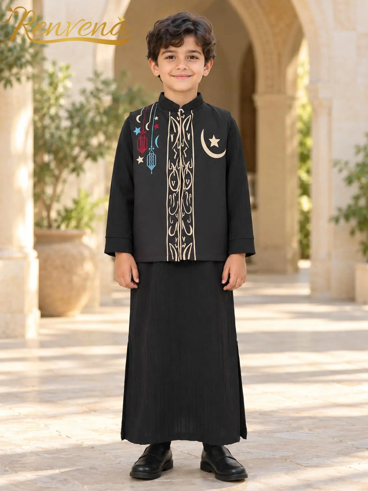 Kids Boys Arabic Abaya Thobe Muslim Outfit Long-sleeve Stand-collar Robe with Sleeveless Open Front Vest for Arab Islamic