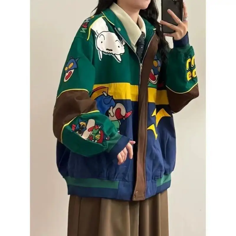 Spring Fall Crayon Shin-Chan Jacket Women American Retro Long Sleeve Motorcycle Baseball Jacket Cartoon Casual Loose Zipper Coat