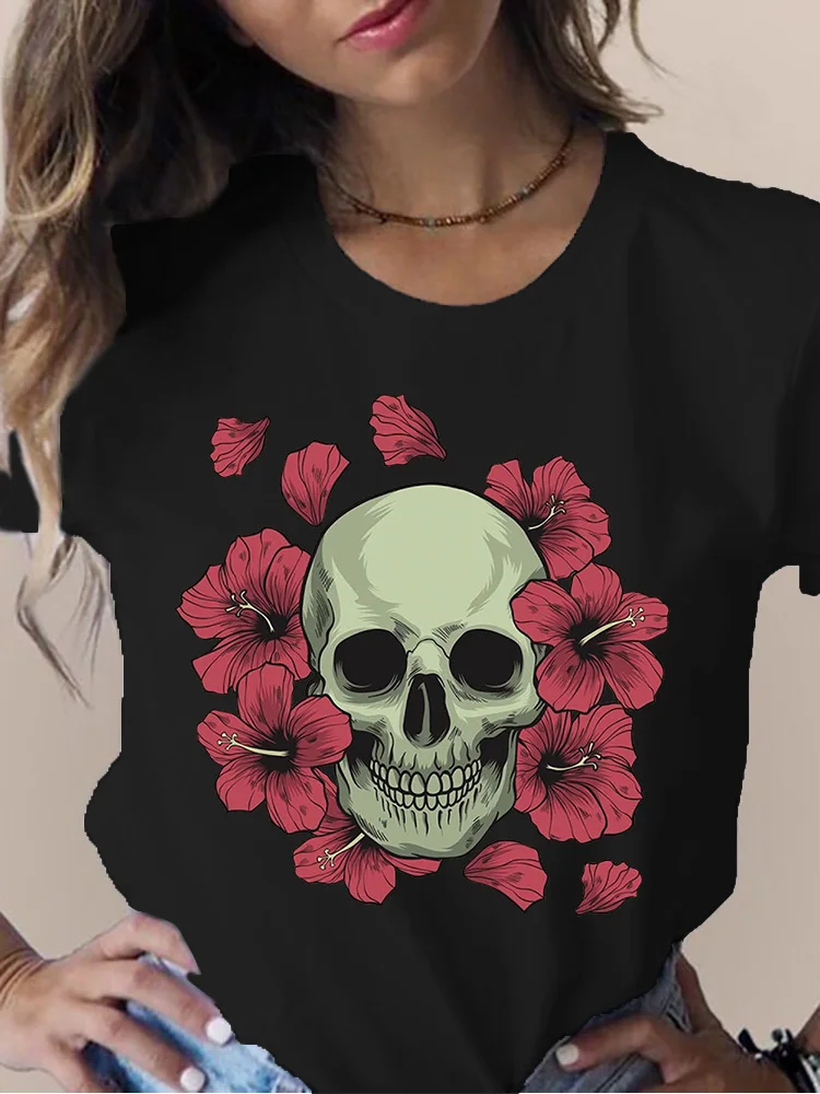 Women T-Shirts Vintage Girl Crown Skull Print Flowers Queen Skull T Shirt Short Sleeve O Neck Tees Ladies Casual Tee Shirt Tops