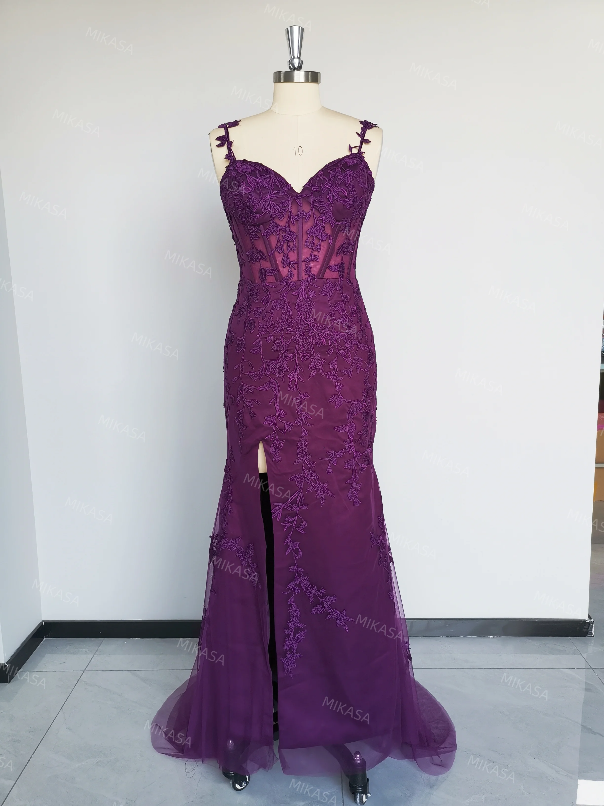Tulle Spaghetti Straps Mermaid Prom Dresses Sweetheart Neck Appliques Floor-Length Evening Dress High Split Lace Up Ball Gown