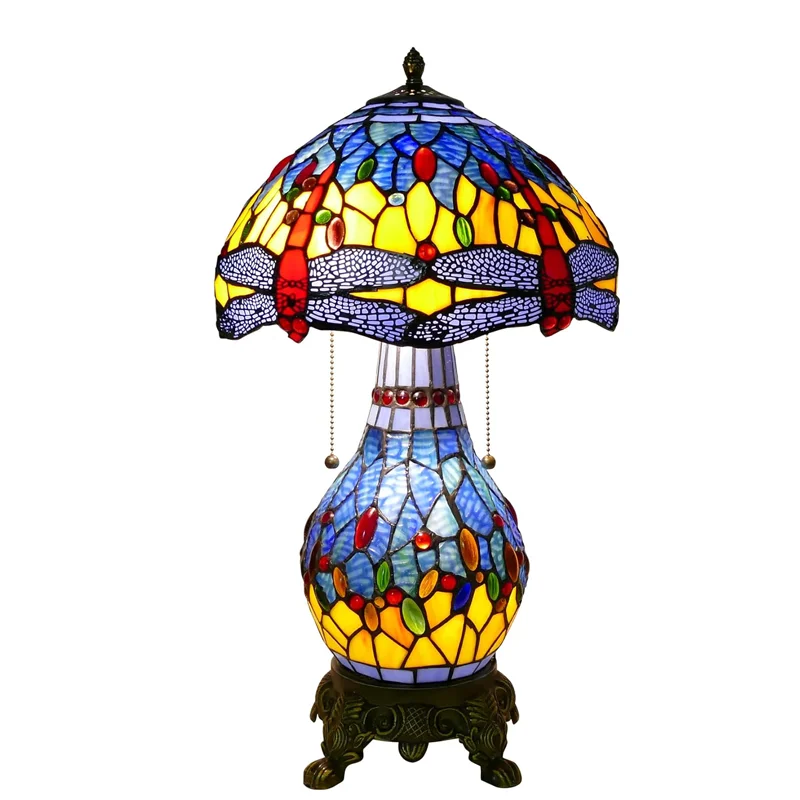 

YYHCTiffany Style Table Lamp Handmade Stained Glass Desk Lamp Mother-Daughter Style Blue Dragonfly Table Lamps