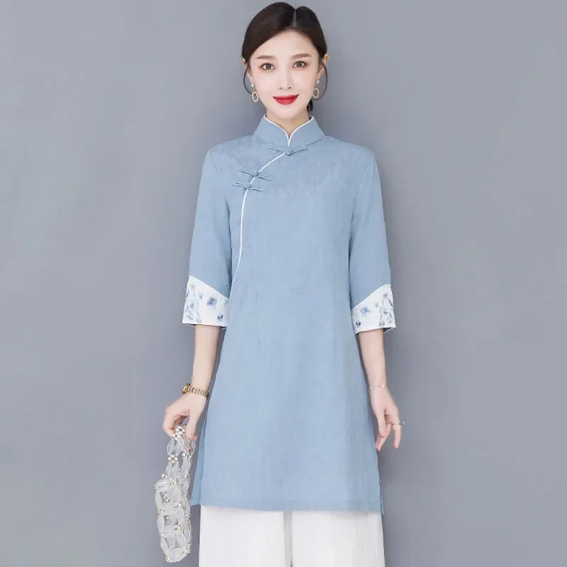 

Женская рубашка в китайском стиле ретро с воротником-стойкой и пуговицами-лягушками, средней длины, в стиле дзен, с рукавами 3/4, для чайной церемонии, в стиле танчжуан