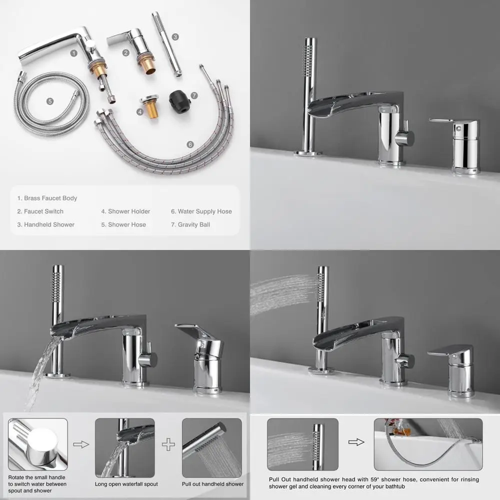 

Chrome Finish 3-Hole Single-Handle Bathtub Faucet with Roman Tub Spout and Hand Shower, Deck-Mounted Widespread Set