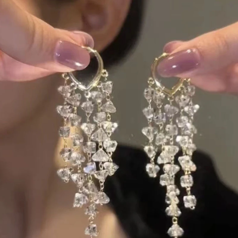 WLP New Korean Fashion Luxury Pink Rhinestone Tassel Drop Earrings for Women Sweet Long Zircon Dangle Wedding Earring Jewelry