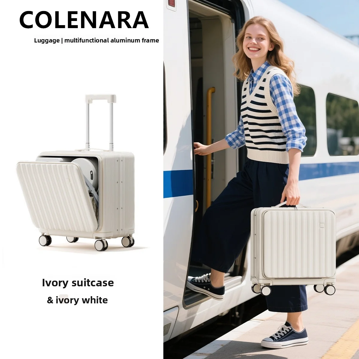 COLENARA Laptop Luggage Front Opening Aluminum Frame Trolley Case Zipper Boarding Case 18