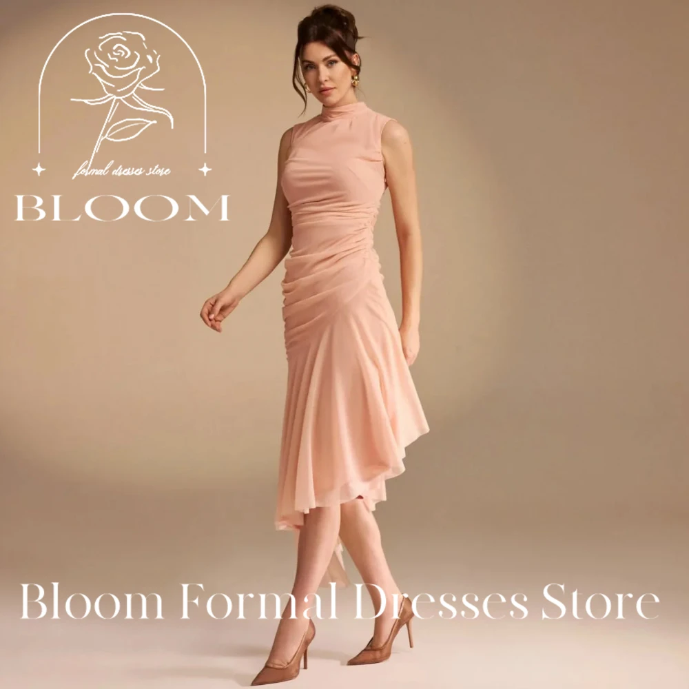

Bloom Customized Peach Sleeveless High Neck Ruched Asymmetric Hem Formal Dress Elegant Stylish Unique Comfortable Breathable