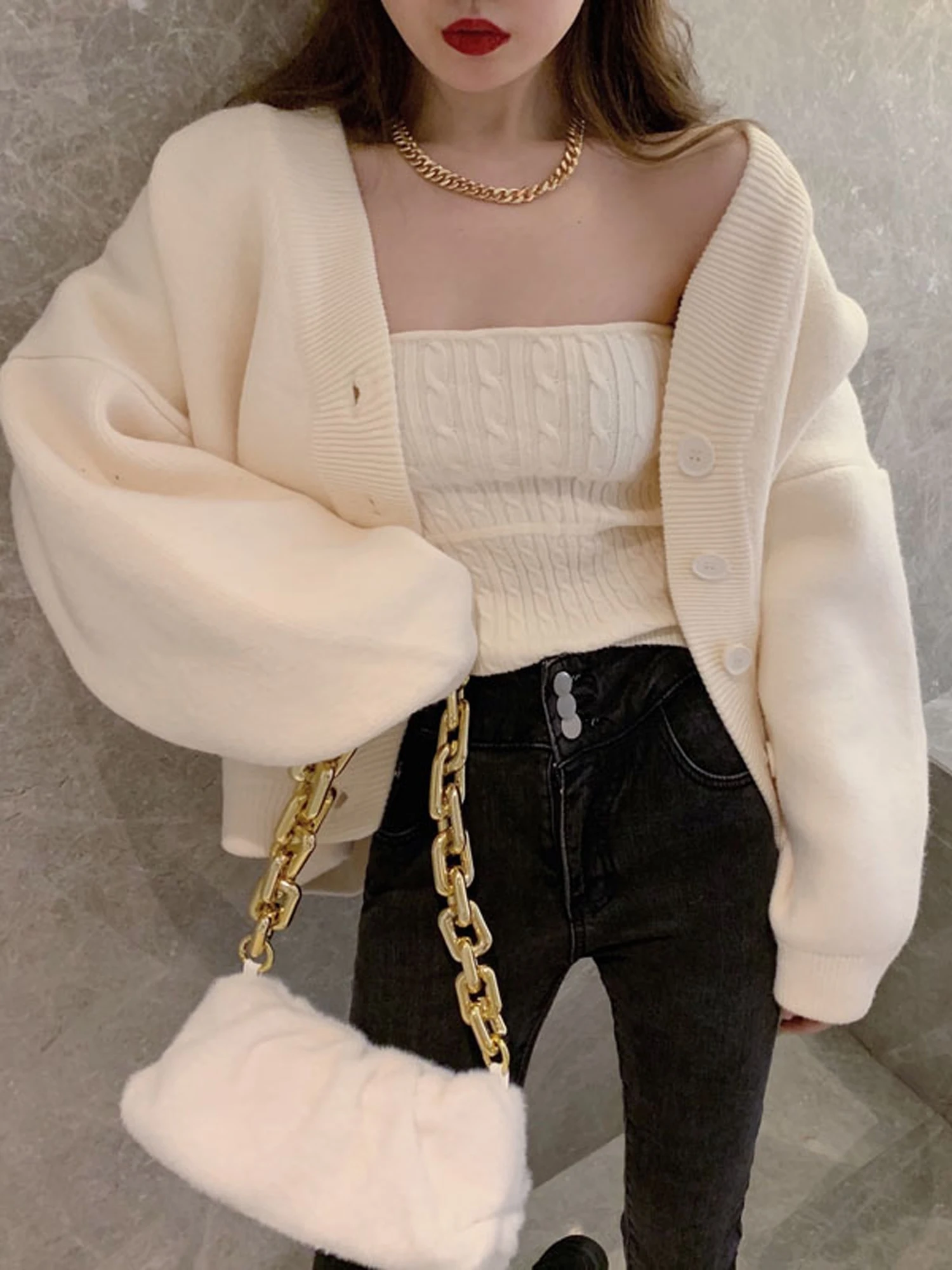 Retro Chic Twisted Knit Wrap Chest Tank Top And Vest Loose Knitted Open Cardigan Sweater Outerwear Two Piece Set for Women