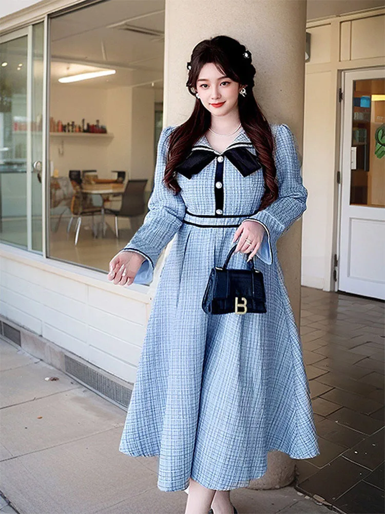 150 kg plus size dames buste 149 herfst retro kleine geurige stijl taille cinching lange mouwen revers jurk 5XL 6XL 7XL 8XL 9XL