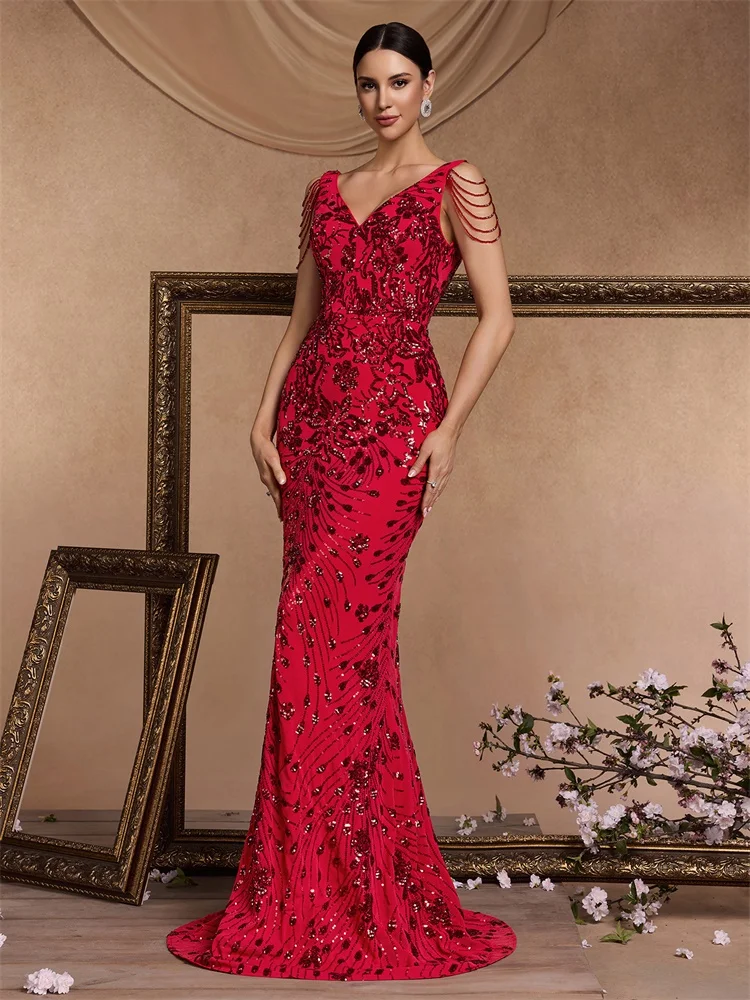 Elegant Deep V-Neck Red Sequin Formal Evening Dresses Women Beading Wedding Party Mermaid Cocktail Prom Graduation Gown