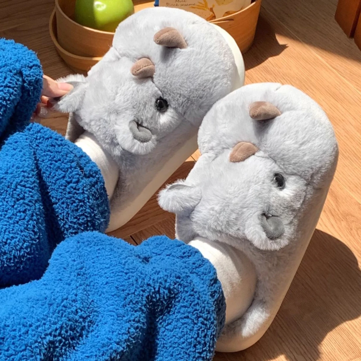 Cute Fun Rhinoceros Design Women Winter new Slippers Casual Soft Heel Platform Fur Warm Indoor Comfortable Man Home Slippers