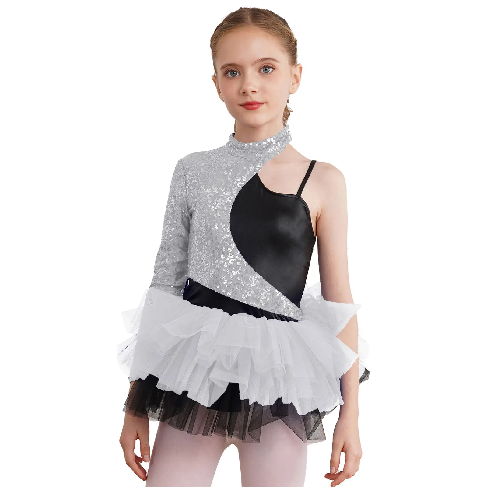 

Kids Girls Ballet Dance Dress Shiny Sequin Contrast Tulle Skirt Leotard Jazz Cha-cha Tango Samba Gymnastics Training Dance Wear