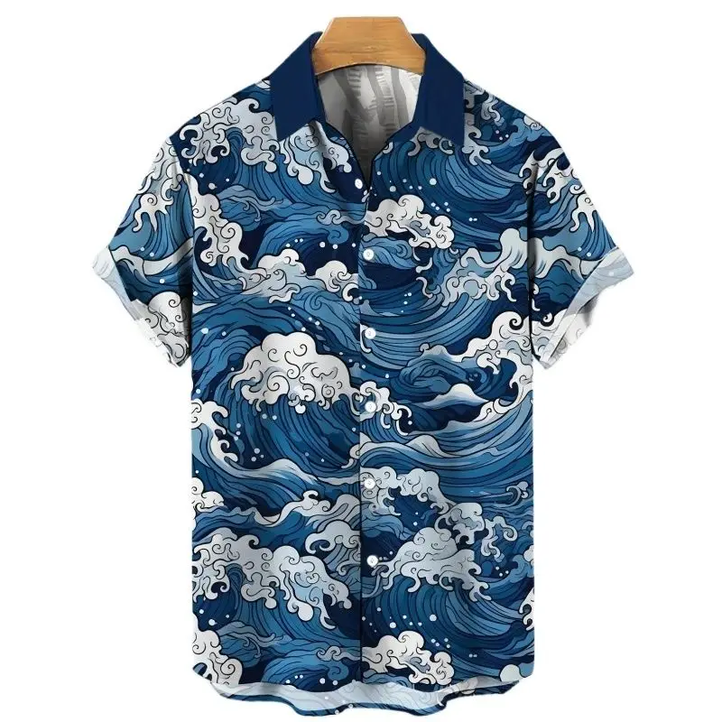 

Men's Hawaiian Shirt Loose Beach Party Clothing Wave Graphic Short Sleeve Printed Tee Lapel Button Shirts Oversized Men Clothing