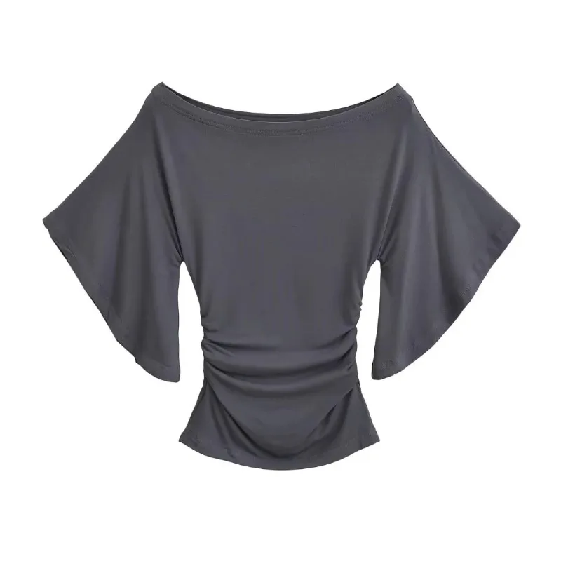 

Korean style Women Summer Sexy Bat Sleeve Slash Neck Off Shoulder T-shirt Cinching Waist Solid Slim Top
