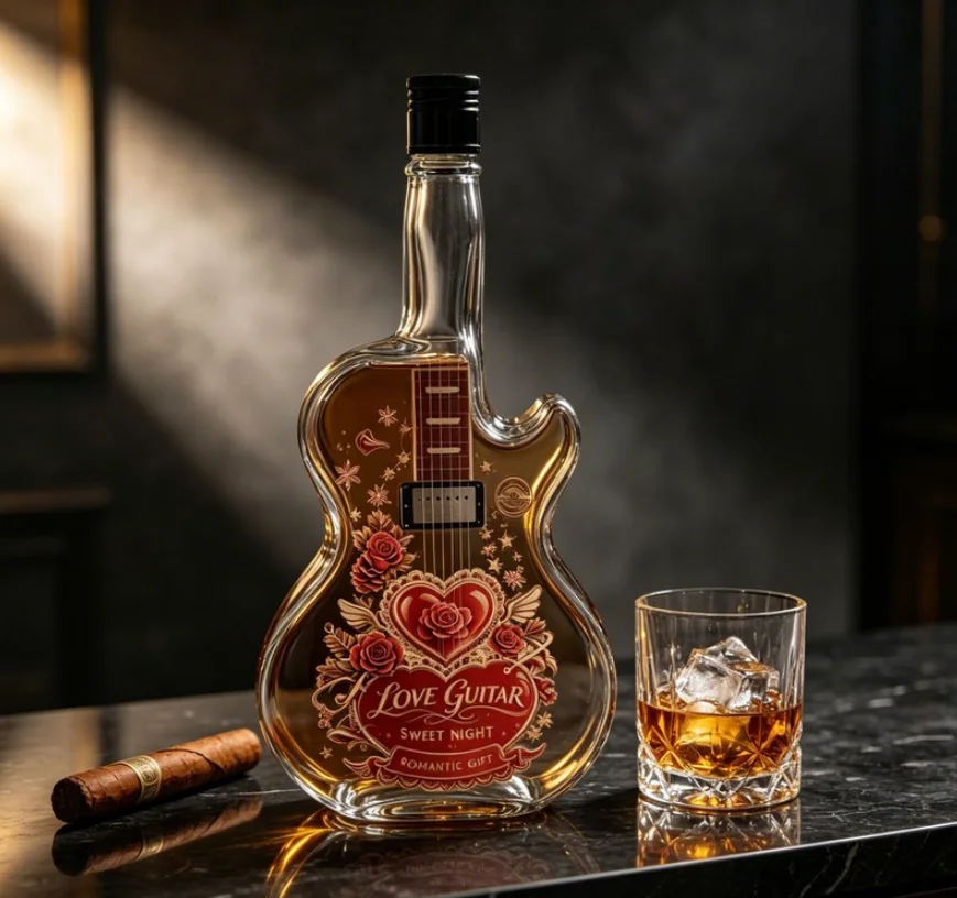 Guitar Shaped Glass Decanter Heart Rose Pattern Whiskey Brandy Wine Bottle Unique Decorative Jar for Home Bar