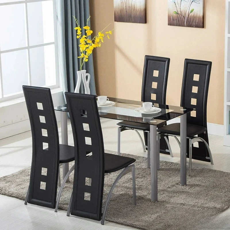 

Dining Table Set, 5 Piece Glass Kitchen Table and Leather Chairs Furniture (Black)