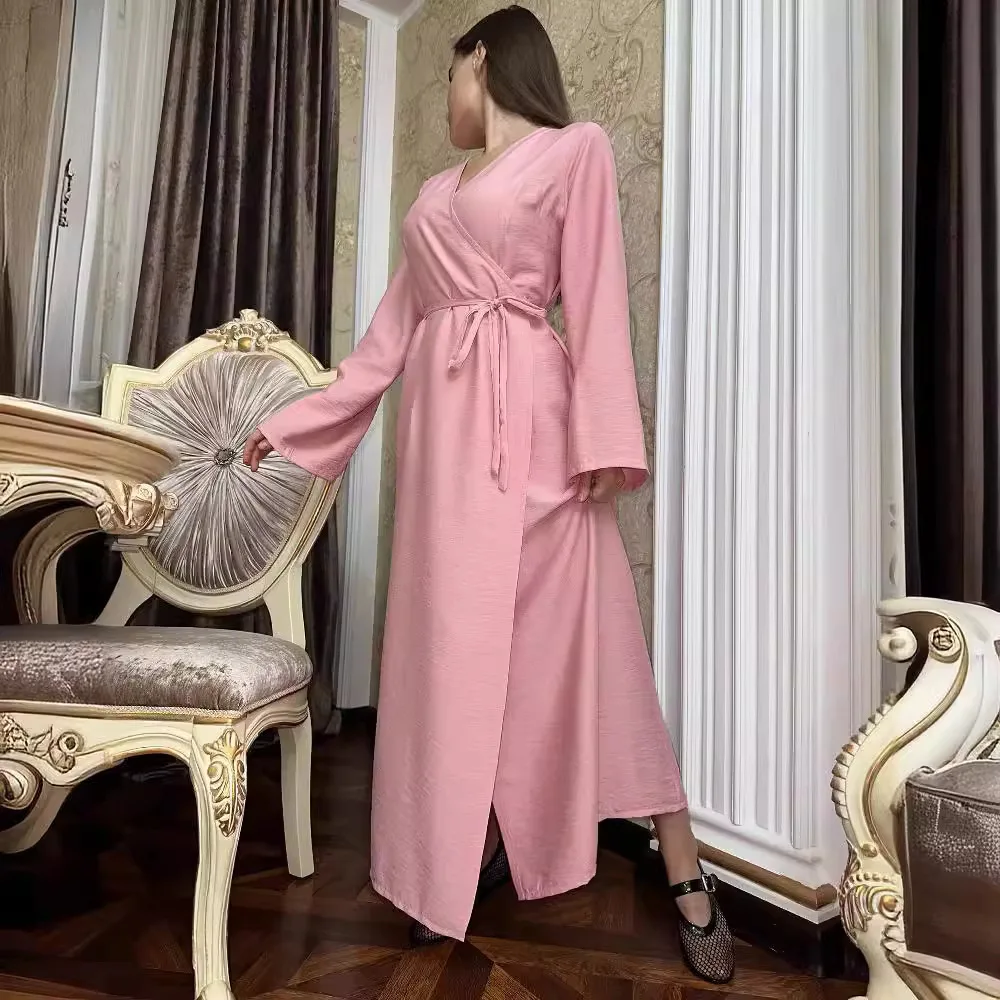 

Muslim Fashion Open Abaya with Skirt Belt Crepe Long Sleeve Linen Dress Women Elegant Muslim Dress Dubai Islamic Clothing
