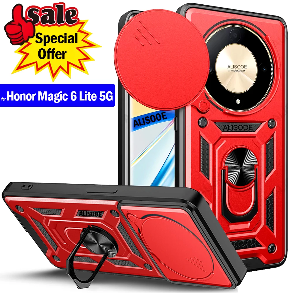 Slide Camera Stand Funda for Honor Magic 6 Lite 5G Case Armor Ring Holder Protection Cover for Honor Magic6 Lite Capa