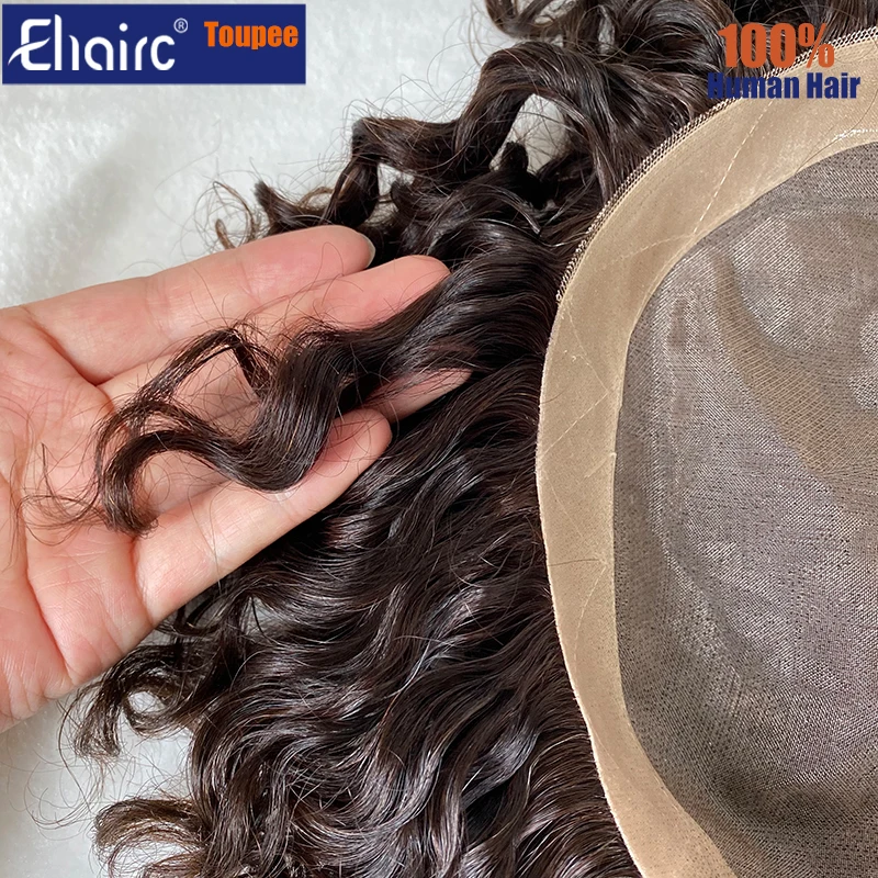 Brown Color Curly Toupee For Men Mono Hair System Unit for Men Durable Male Hair Prosthesis 100% Human Hair Men\'s Wig