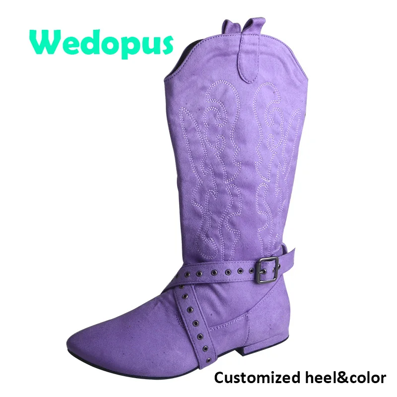 

Wedopus Customized Low Heel Warming Boots for Dancing Violet Embroidery Suede Dance Boots Soft Sole Dropshipping