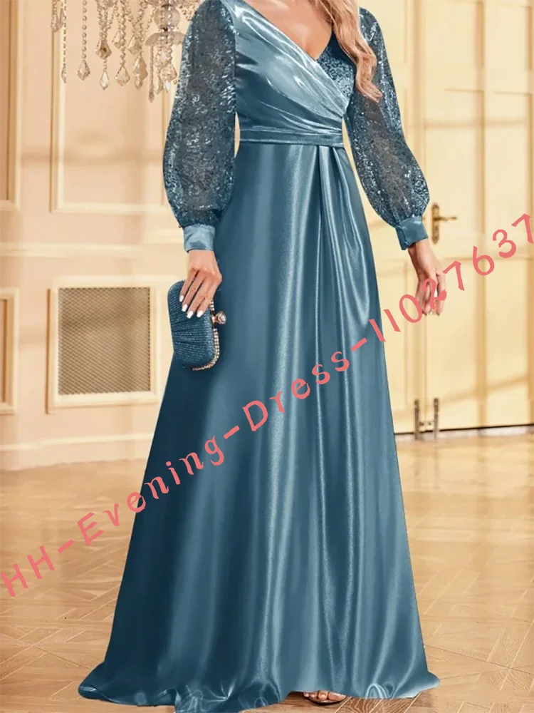 ClassicV-cuello plisado rebordear manga linterna A-Line vestidos de noche formales fiesta de cumpleaños vestidos de graduación personalizados