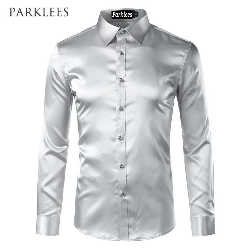 Camisa de seda Lisa para hombre, camisa de esmoquin liso de satén, ropa de negocios informal ajustada, camisas de vestir de boda doradas brillantes,