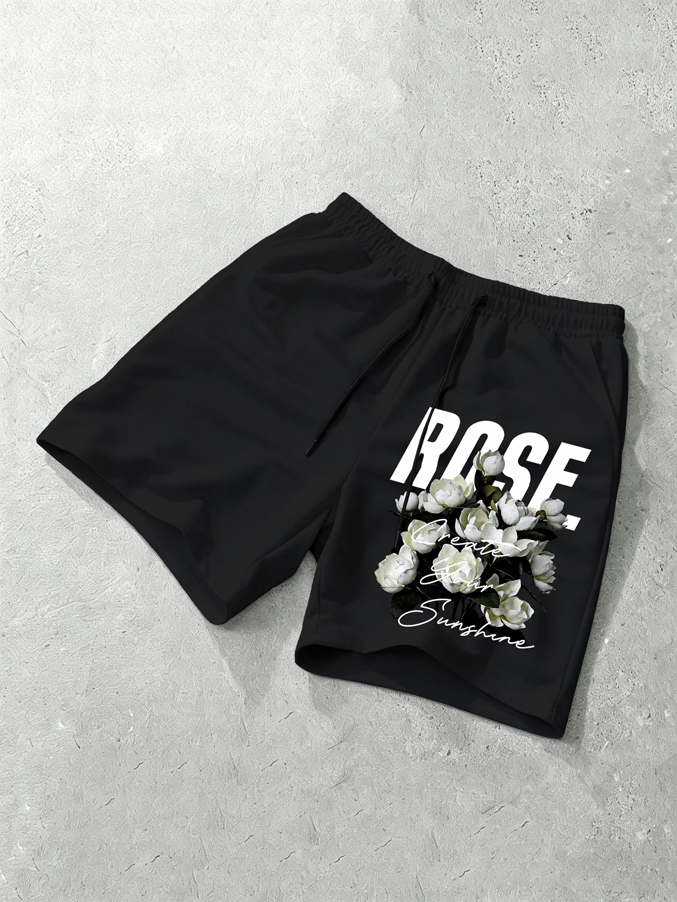 Men's Streetwear Shorts White Rose Sunshine Print Polyester Black Drawstring Casual Shorts S-2XL All Size 1Pc