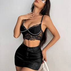 Sexy Lace Hollow Out Corset Pearl Chain Decoration Spaghetti Strap Bodysuit Shapewear Floral Pattern Slim Vest Mesh Crop Tops