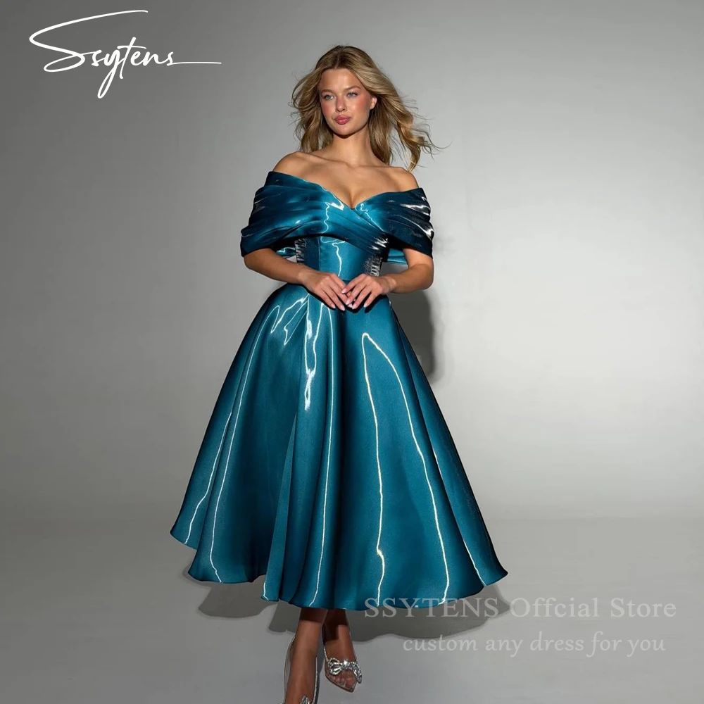 

SSYTENS Modern Turquoise Evening Dresses Off The Shoulder A-Line Formal Prom Dresses Shiny Long Homecoming Party Gown Customized