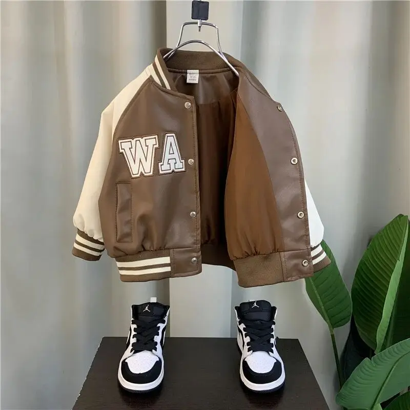 

Spring and Autumn Baby Boys' Leather Jacket Fashion New Style Children's Handsome PU Coat 90-150cm