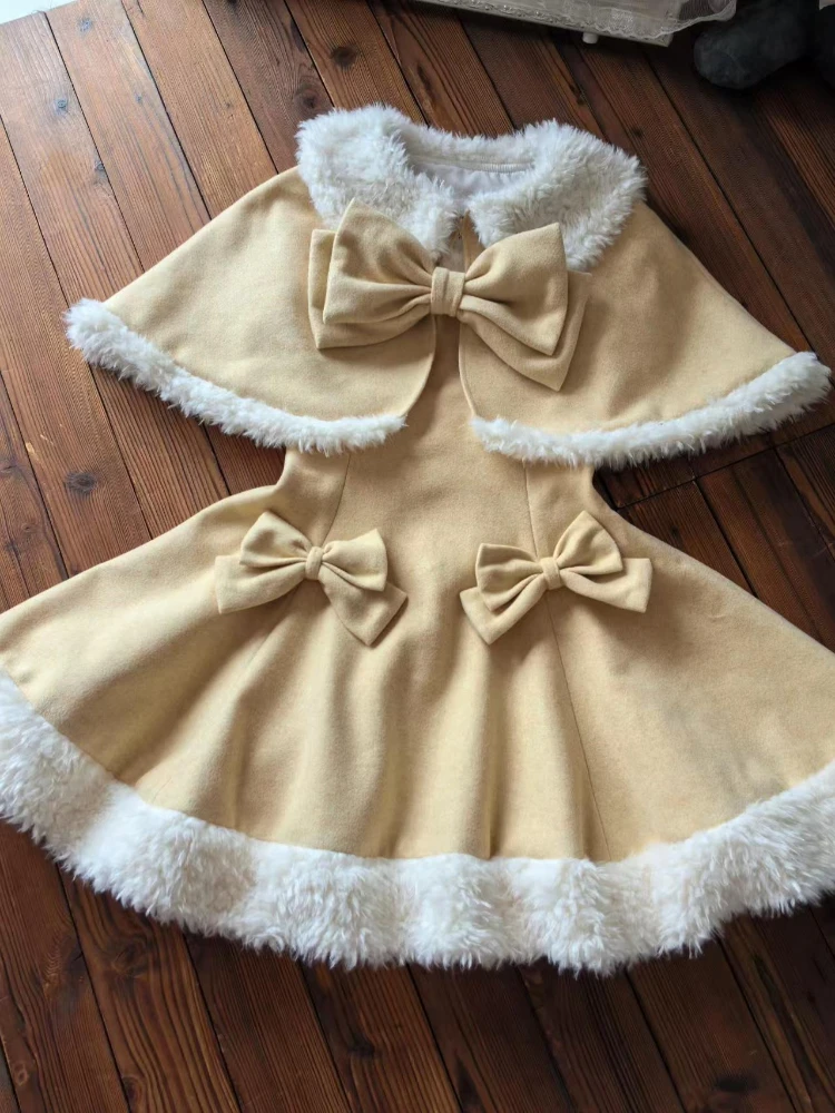 

Зимний новый теплый комплект из 2 предметов с бантом Kawaii, женский дизайн, милый тонкий желтый ворс, милый костюм Лолиты, женская мода, милые милые наряды