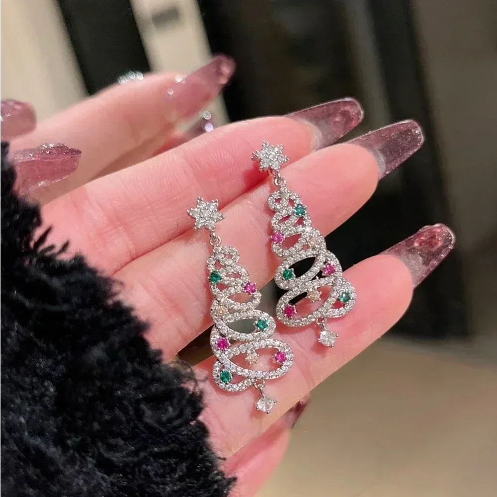 Christmas Tree Earrings Rhinestone Xmas Tree Drop Earring New Year Aesthetic Geometric Tassel Christmas Colorful Earrings