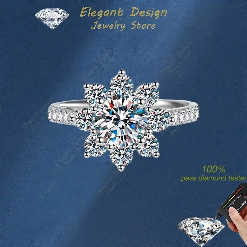 Elegant-Design PT950 Platinum Sunflower Wedding Band 1 Carat Moissanite Birthday Gift Rings Women's Jewelry Girl Valentine's Day